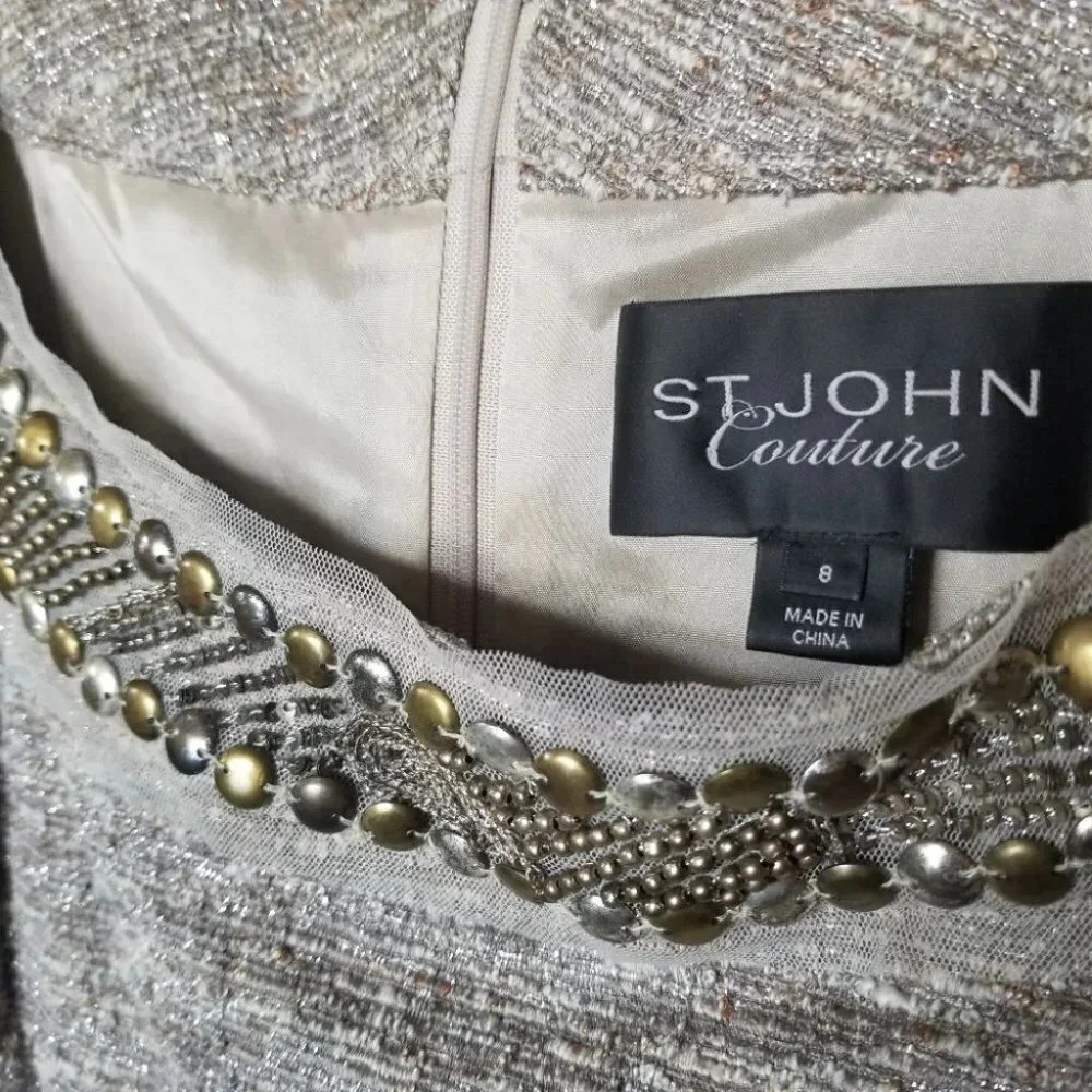 St. John Couture 8 Blazer Dress Set Embellished Metallic Grey Silver - Picture 6 of 15